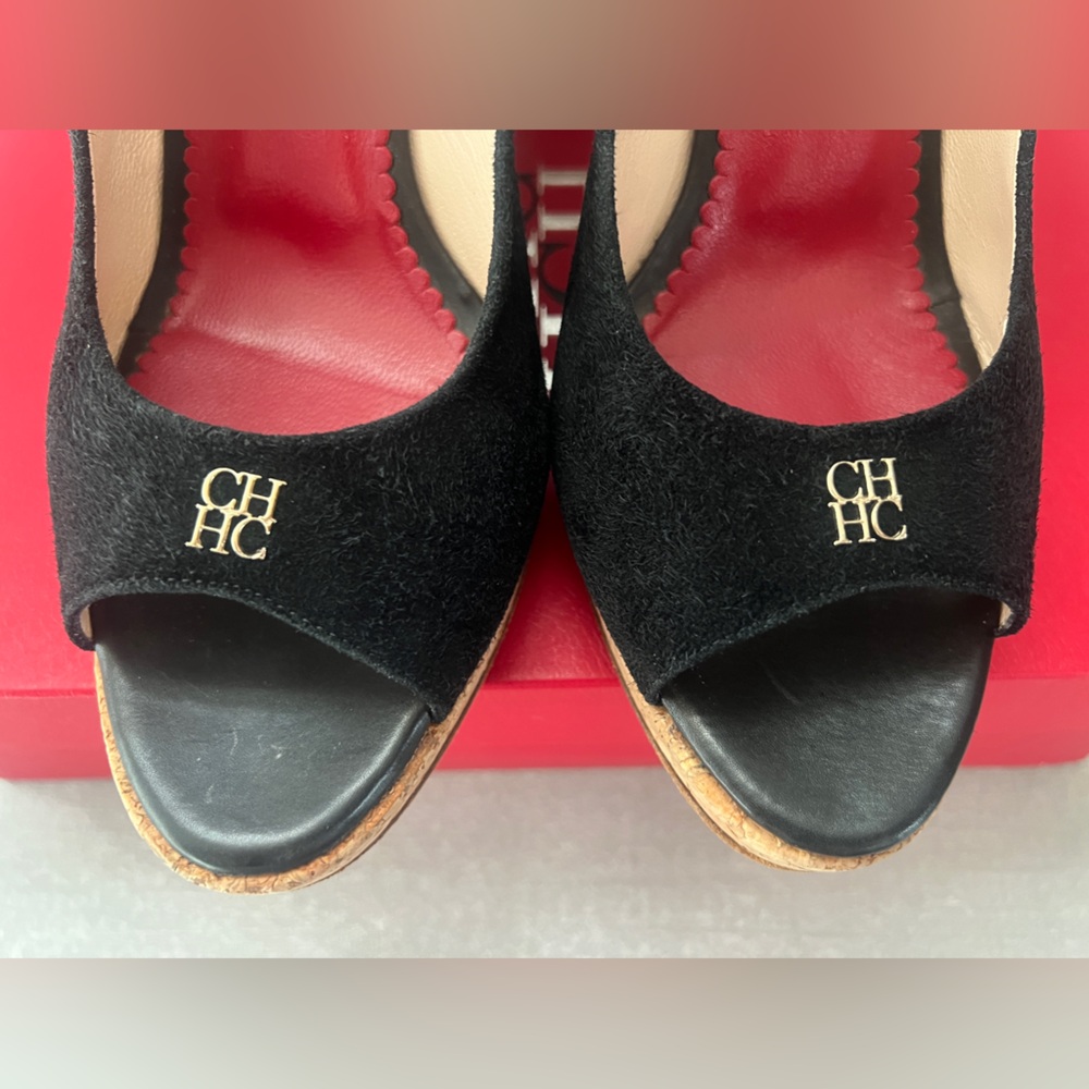 AUTHENTIC. Carolina Herrera BLACK SUEDE Wedge 100mm Ankle Strap Sling-back. - Picture 9 of 14